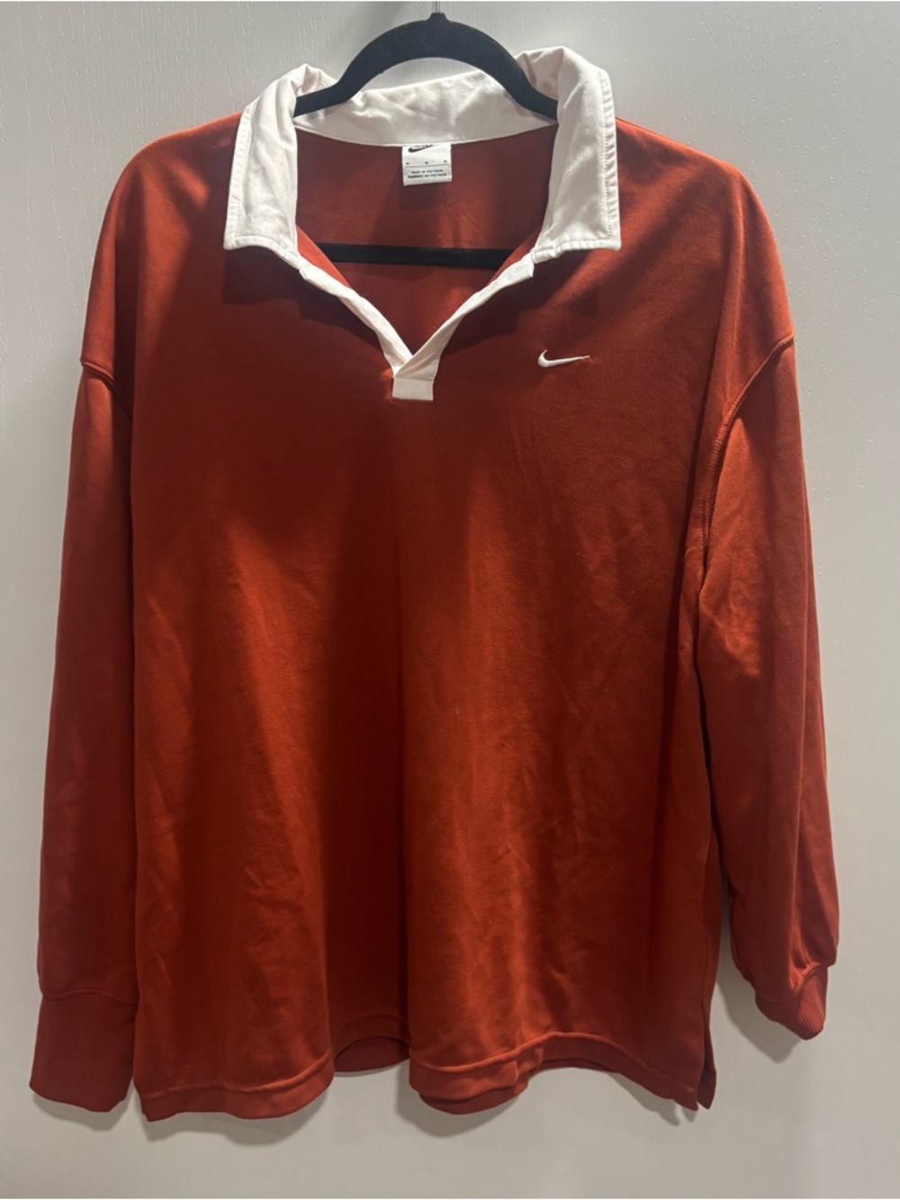 Nike Rust Orange and White Rugby-Style Long Sleeve Polo